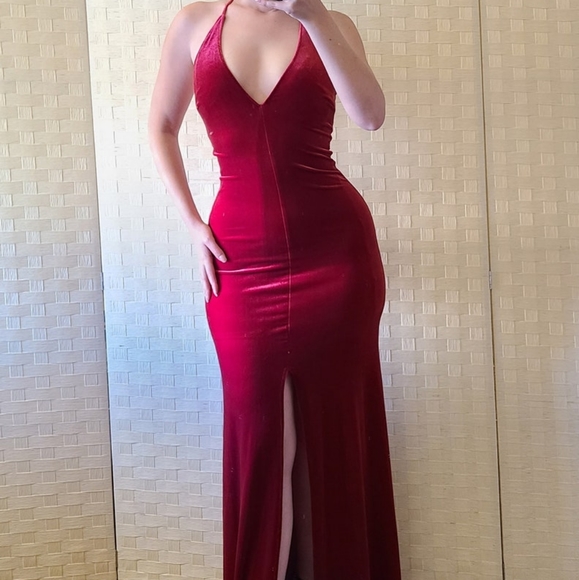 Vintage 90s Y2K Womens Rubber Ducky Raspberry Red Velvet Dress Backless Leg Slit - Picture 4 of 10